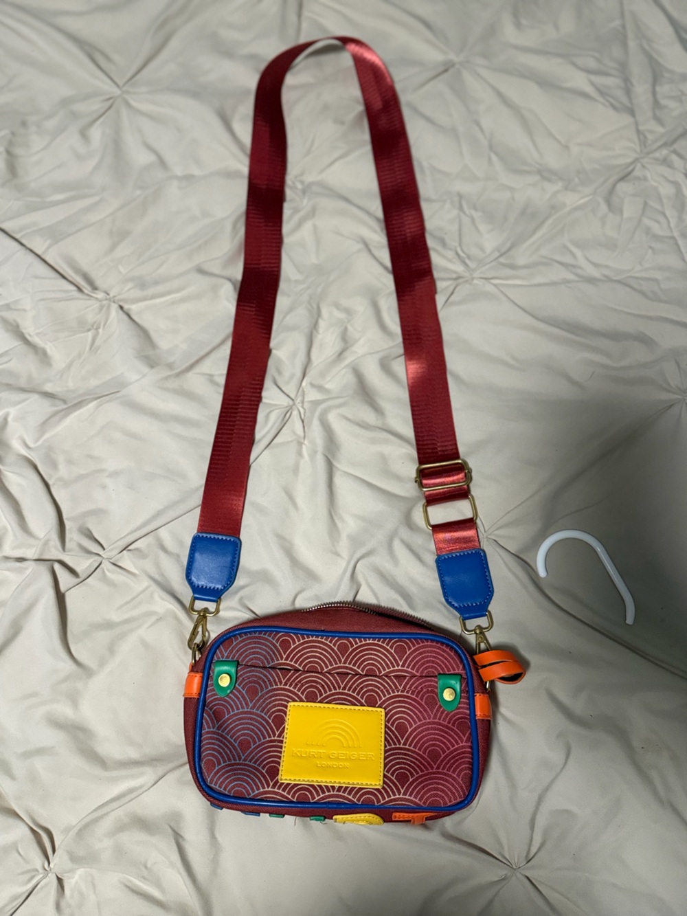 Colorful Patterned Crossbody Bag with Red Strap